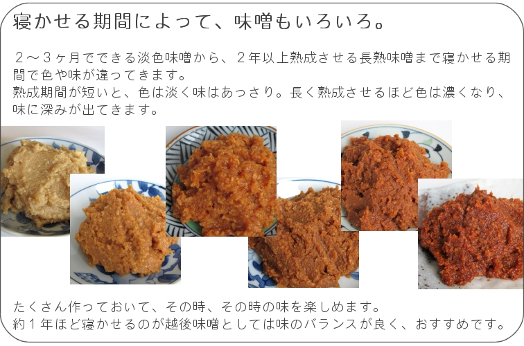 寝かせる期間でいろいろな味噌が楽しめます